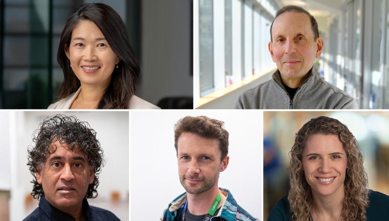 A collage of five professional headshots arranged in two rows, Drs. Rayjean Hung, Daniel Drucker, Ravi Retnakaran, Kieran Campbell and Sabrina Kolker from Sinai Health. 
