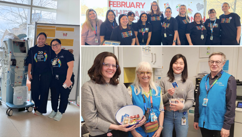 Composite image of three images together. Images are of employees at Sinai Health standing in groups, looking at the camera smiling