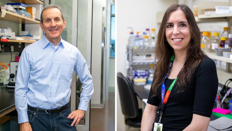Drs. Daniel Drucker (left) and Maria Gonzalez-Rellan smile in a laboratory setting.