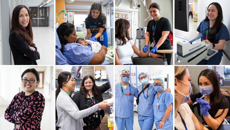 A collage of Sinai Health nurses smiling in group photos and interacting with patients.