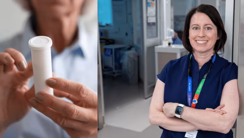 An image of someone holding a prescription bottle collaged to a picture of Dr. Lisa Burry smiling with arms crossed in the ICU unit.