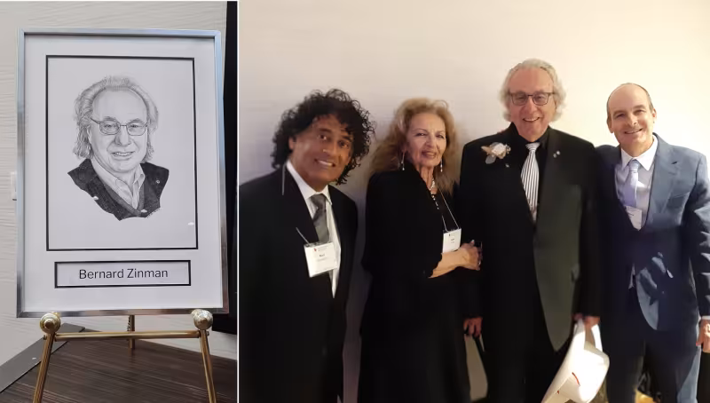 A photo of a framed drawing of Dr. Bernard Zinman collaged with a group photo of Ravi Retnakaran, Jean Zinman, Bernard Zinman and Anthony Hanley.   