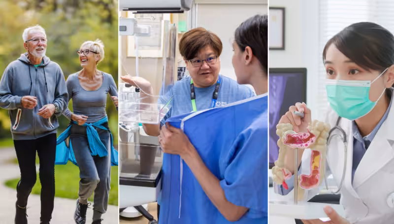 Three images side-by-side in a collage style photo, with the first being two older adults running, the second being a woman receiving a mammogram, and the third being a clinician showing a model of the human colon.