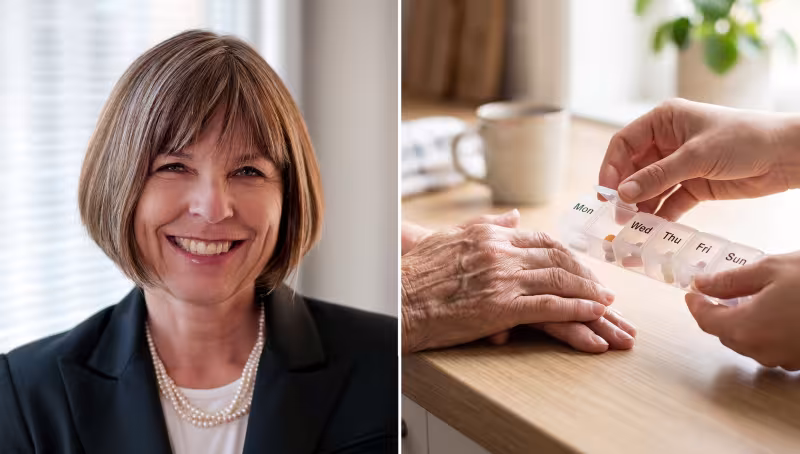 Collage of a headshot of Dr. Paula Rochon and a photo of an older adults hands on a table with someone else's hands holding a weekly supplement container.