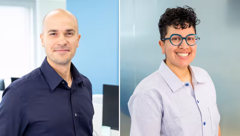 A collage of Drs. Vasily Giannakeas and Selin Jessa smiling in brightly lit room.
