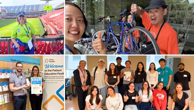 Composite of four photos arranged in a grid. On the left is a photo of a woman standing in the stands in a soccer stadium, below is a photo of two people in a librarian holding up a poster. Top right images shows a man holding up a bicycle and smiling at the camera, bottom right is a group photo of volunteers. 