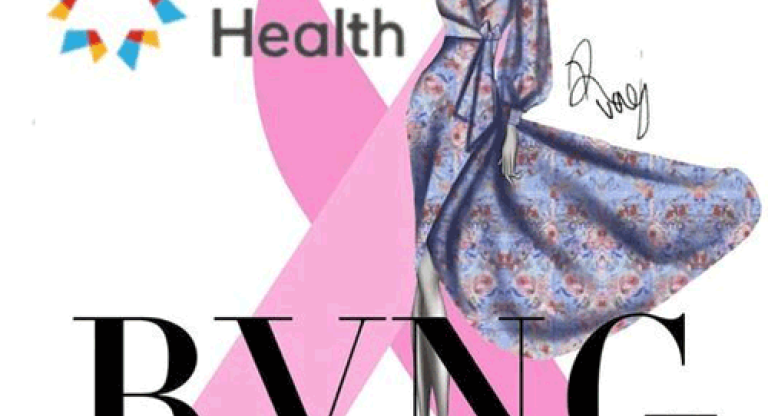 Graphic image with Sinai Health and RVNG logos. Illustration of a woman wearing a purple floral dress standing in front of a pink ribbon.