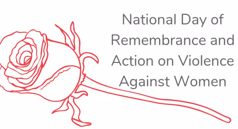 Rose graphic with text: National Day of Remembrance and action on violence against women