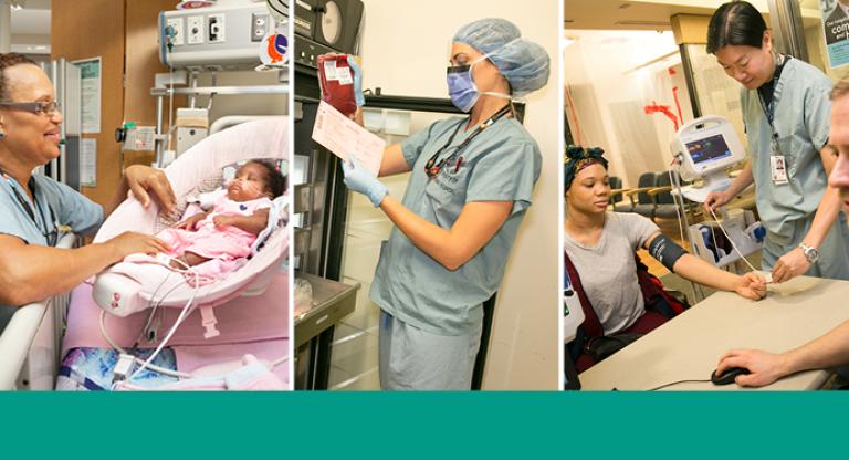 A gallery of photos showing health-care providers in action. In one photo a baby is being taken care of. In another photo a health-care professional is looking at admin work and in the last photo a patient is getting their blood pressure checked. 