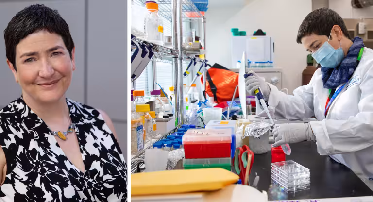 A collage of two images of Dr. Gingras, on the left is a headshot of a Caucasian woman with short hair, on the right she is pipetting in the lab wearing a face mask and lab coat