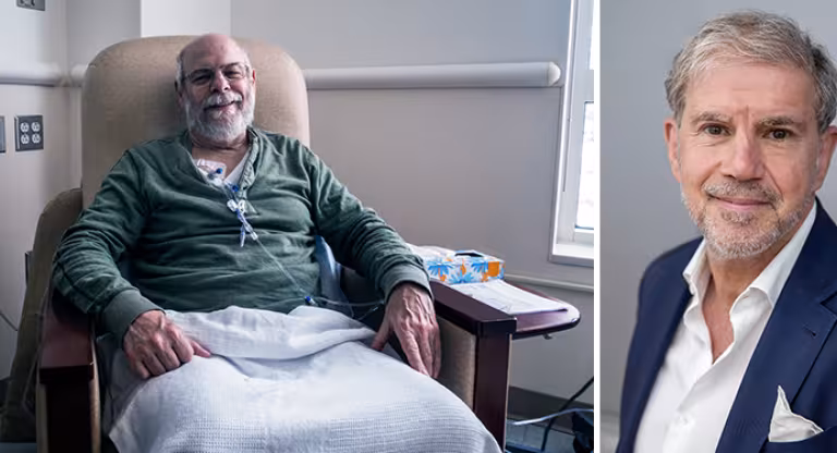 Collage of a patient in left panel and a man's headshot on the right