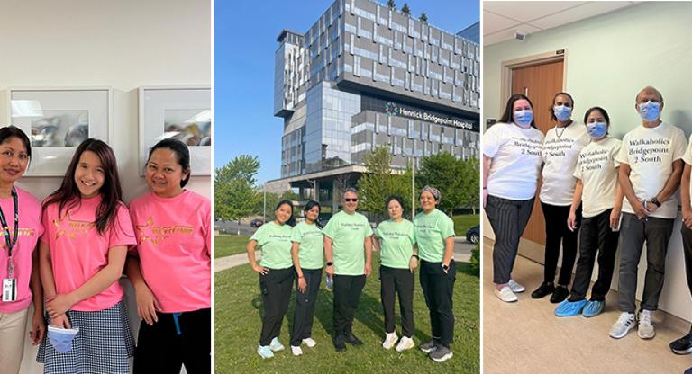 Collage of three photos showing teams of colleagues wearing colour-matched t-shirts, from pink to green to white.