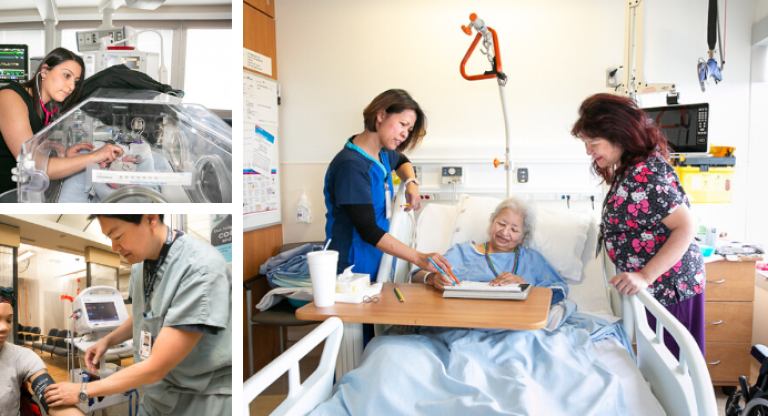 Composite image of various healthcare workers helping patients.