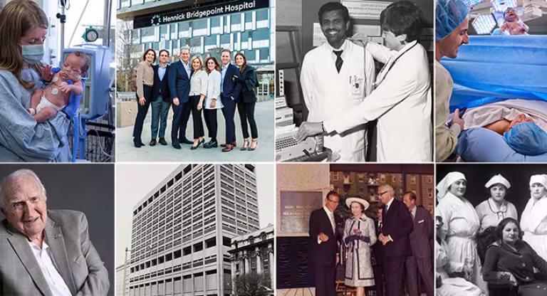 A collage of 8 images representing Sinai Health, its milestones and leaders