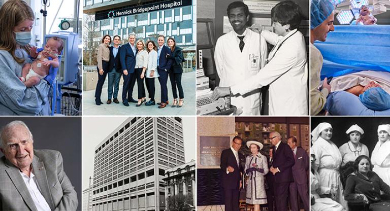 A collage of 8 images representing Sinai Health, its milestones and leaders