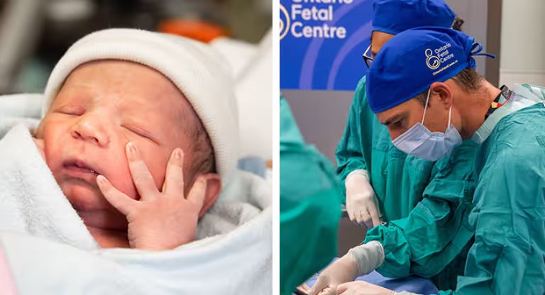 collage of a newborn in left panel and a surgical team working in right panel