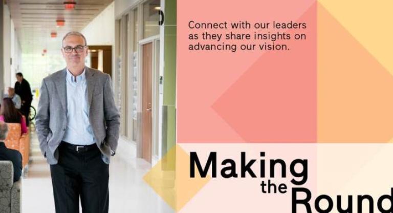 a picture of a man in a hallway next to a graphic treatment