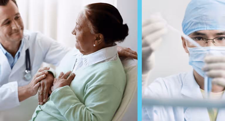 Physician with patient and clinician with test tube