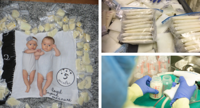 Twin babies lying on a carpet, surrounded by bags of donated breastmilk