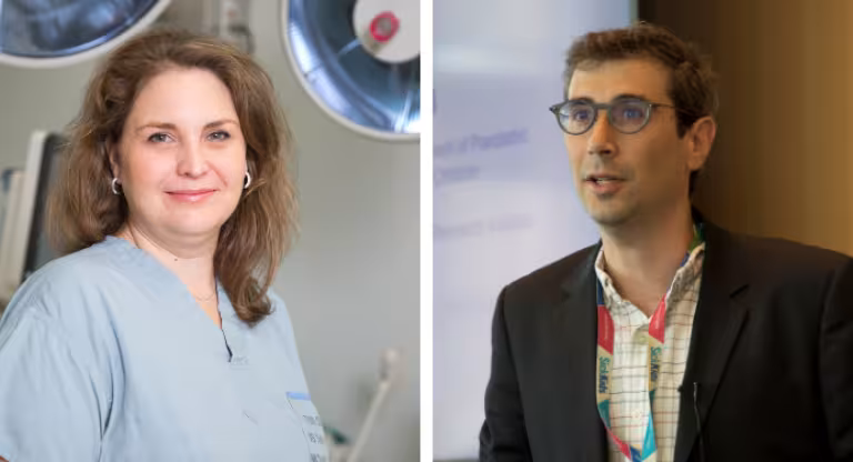 A headshot of a female scientist on the left and a headshot of a male scientist on the right