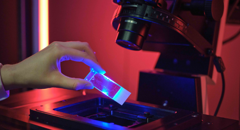A microscope slide is held above the light of a microscope.