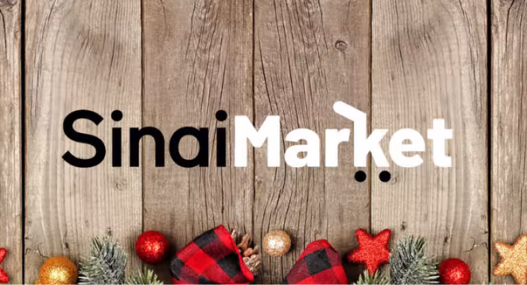Graphic with text saying Sinai Market with holiday decorations underneath. 