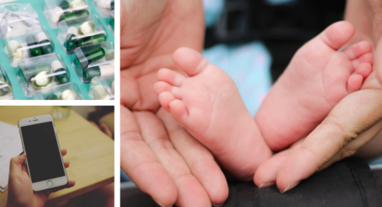 Hands wrapped gently around newborn baby's feet