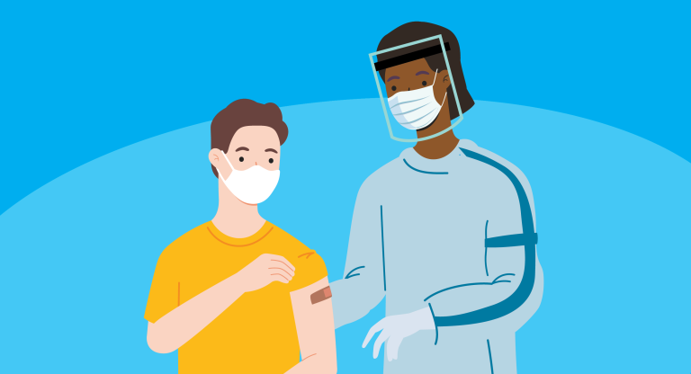 Illustration of two males wearing face masks