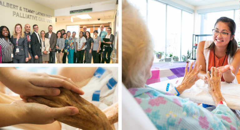 Palliative care team; health care worker holding a patient's hand and smiling
