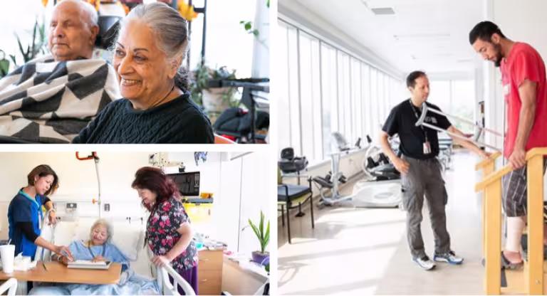 Composite image of elderly couple, caregivers helping elderly woman in bed and caregiver with man on crutches. 
