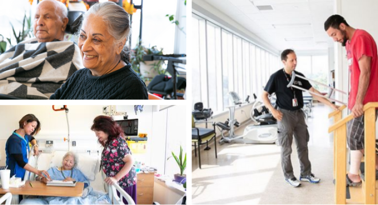 Composite image of elderly couple, caregivers helping elderly woman in bed and caregiver with man on crutches. 