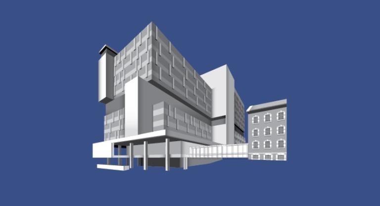 Mockup image of Hennick Bridgepoint building with blue background.