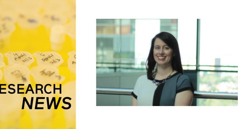 Headshot of a woman next to a graphic saying research news