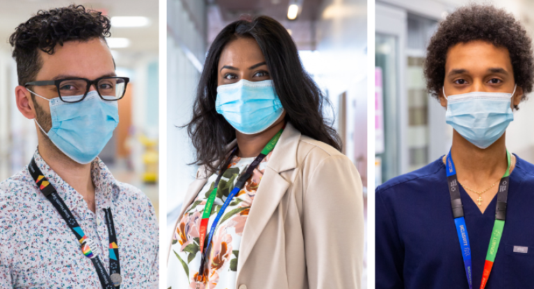 Amir, Thevaki and Brook pose in the hallways at Bridgepoint Active Healthcare and Mount Sinai Hospital.