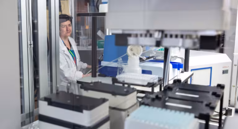 Dr. Anne-Claude Gingras works in the lab.