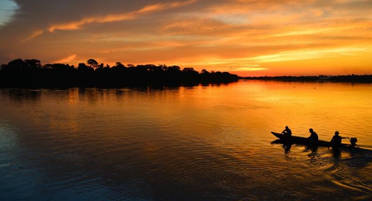 Group canoeing across a late at sunset. 