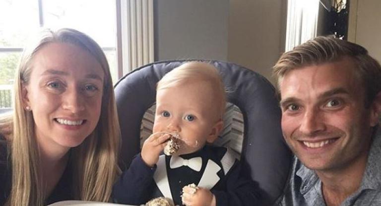 Steve Thompson with partner and baby.