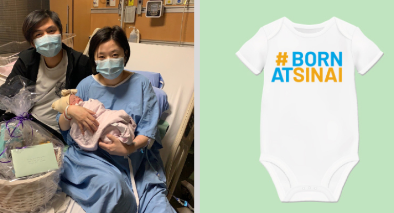 Charlie sits on a hospital bed next to Chen as she holds their new baby girl.
