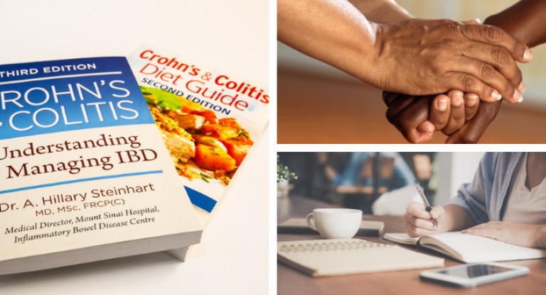 image of IBD books, image of 2 people holding hands, image of a person working at a table.
