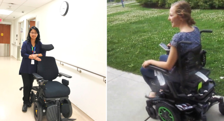 Woman standing with wheelchair and woman in wheelchair.