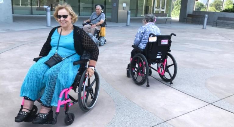 Hennick Bridgepoint patients participating in the Labyrinth Walk and Roll program, on the north side terrace