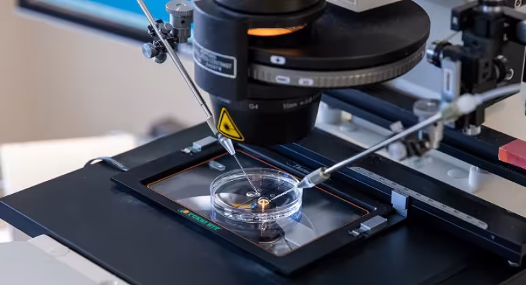 A photo of a microscope looking into a petri dish.