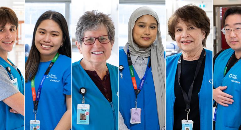 A collage of 6 volunteers who volunteer at Mount Sinai Hospital and Hennick Bridgepoint Hospital.