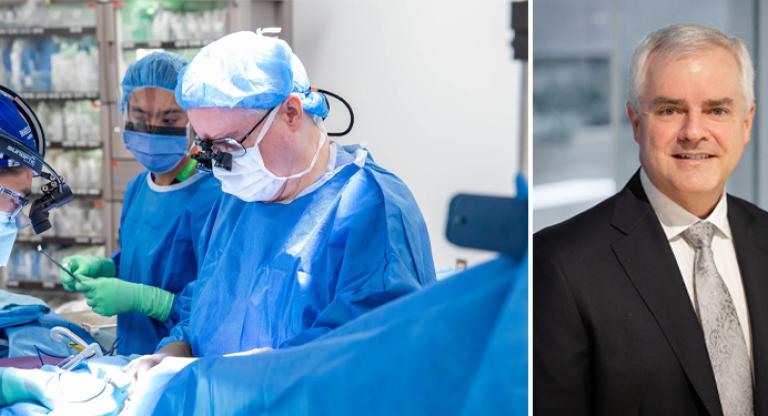 Collage of Dr. Ian Witterick. One photo with his gowned up during surgery and another of him in a suit