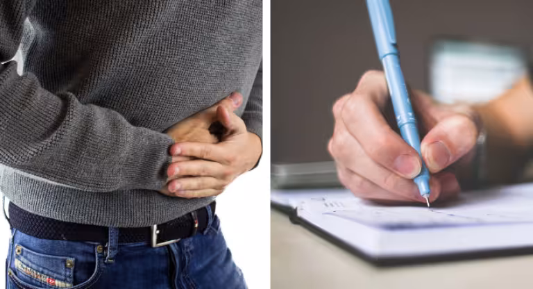 A collage of photos, the first being a man holding his stomach looking like he is in pain and the second of a hand writing notes 
