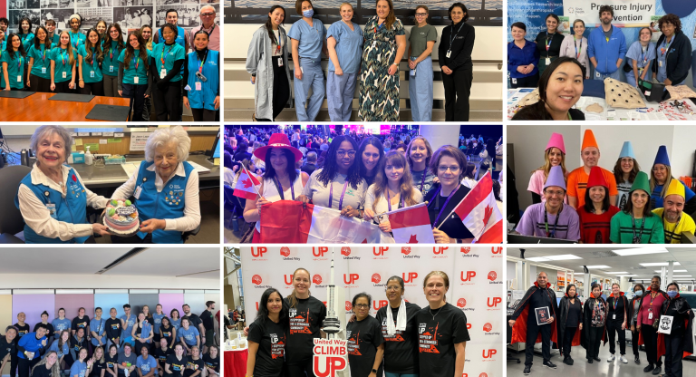 Collage showcasing Sinai Health staff celebrating key milestones, dressing up Halloween, and participating in various events and activities.