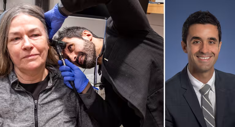 Collage of Dr. Eric Monteiro examining a patient and his headshot.