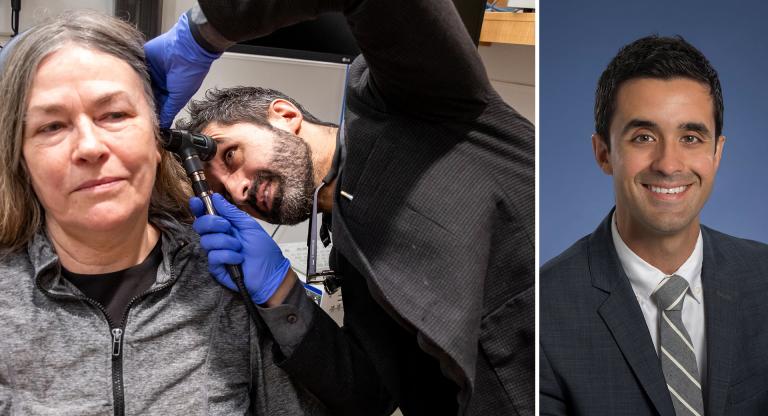 Collage of Dr. Eric Monteiro examining a patient and his headshot.