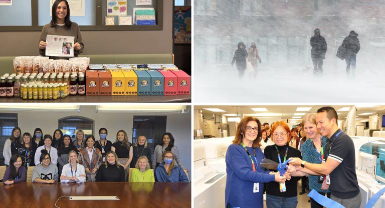 Collage showcasing Sinai Health staff celebrating achievements, a mother with a pile of donated items, and staff in a snowstorm.