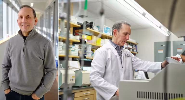 A split image showing on the left a white older man standing in a corridor and wearing a grey sweater with hands in pockets of his trousers and on the right the same man is pictured working in a laboratory wearing a white laboratory coat.